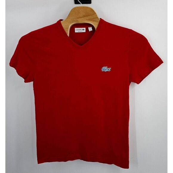 Lacoste Shirt Size‎ Medium 4 Men Red Short Sleeve Caviar Croc Regular Fit V Neck - Picture 1 of 11